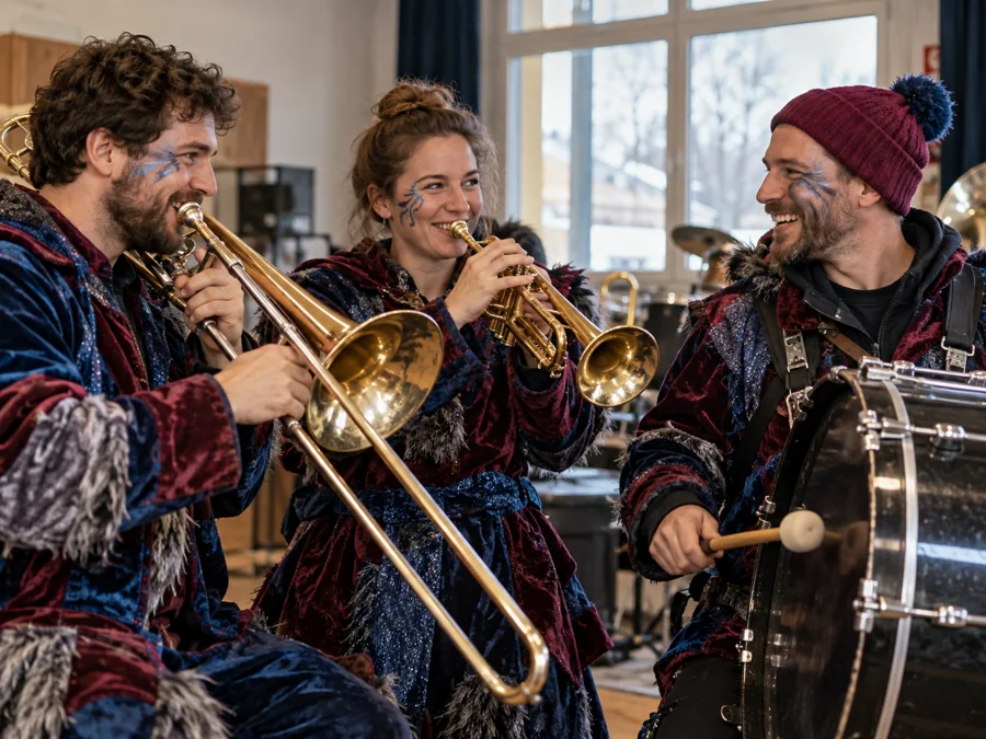Mitglieder einer Guggenmusik beim gemeinsamen Proben