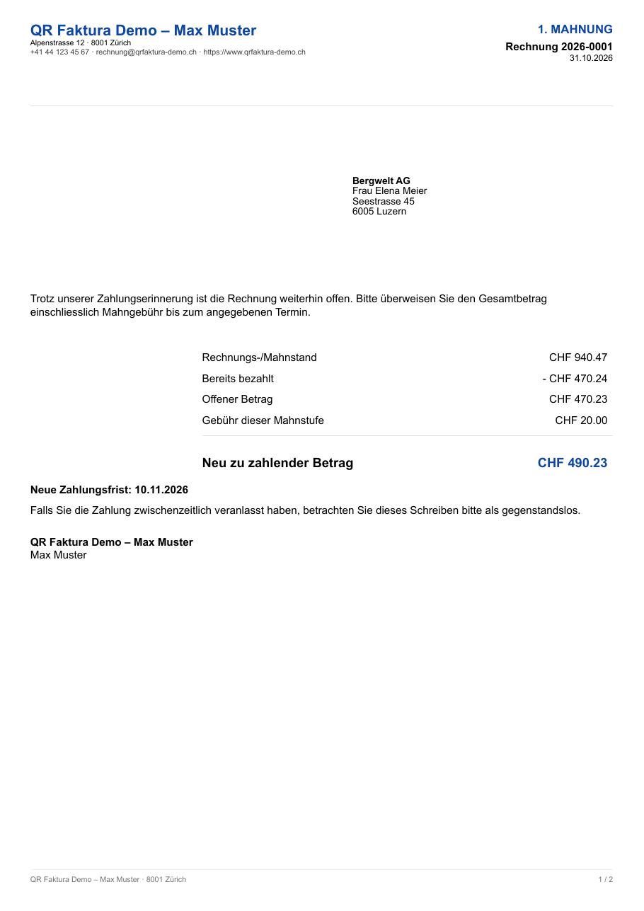 Mit QRFaktura erstellte Mahnung mit Beispieldaten